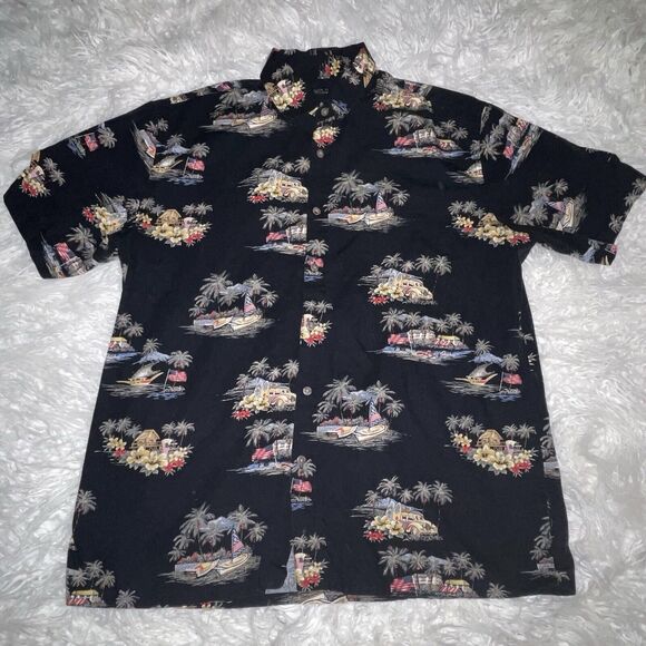 Boca Classics Hawaiian Shirt Size Large Black American Flag Island Classic Car - Picture 1 of 4